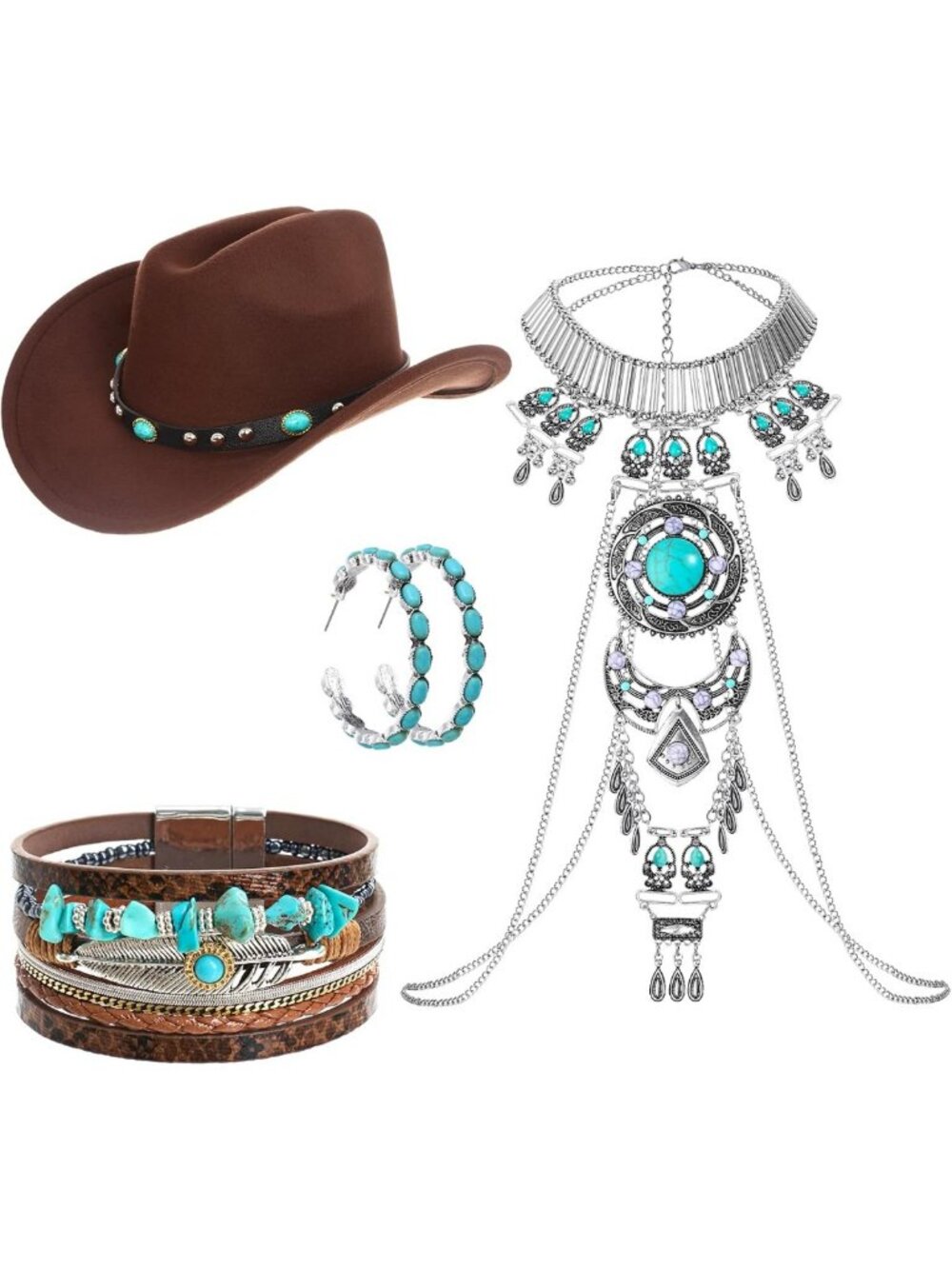 4-Piece Western Cowgirl Hat & Turquoise Jewelry Set for Women - Boho Chic Style